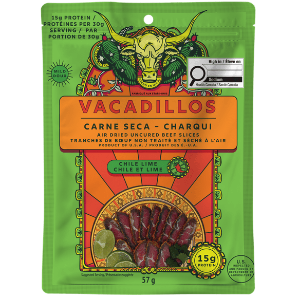 Vacadillos Carne Seca Chile Lime 57g, All natural, no sugar thinly sliced Air-Dried steak seasoned with various spices and flavors, including chiles and lime.