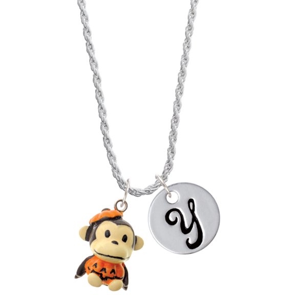 Delight Jewelry Resin Monkey in Pumpkin Costume Silvertone Script Initial Disc - Y - Charm Necklace, 20"+3"