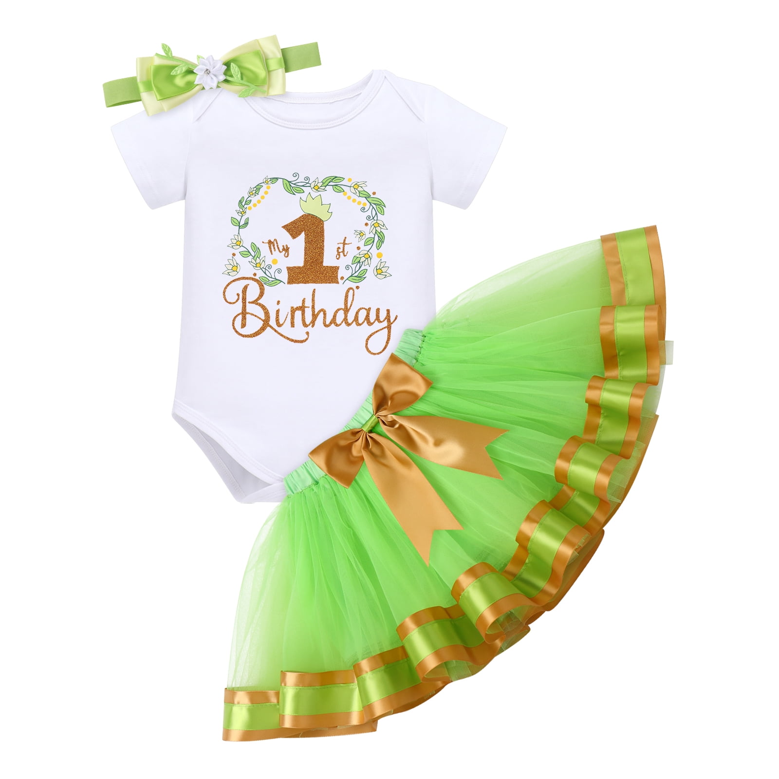 IBTOM CASTLE Baby Girls 1st Birthday Outfit Princess One Cosplay Character Romper Tutu Dress Headband Party Clothes for Photo Shoot 1 Year Green - Tiana