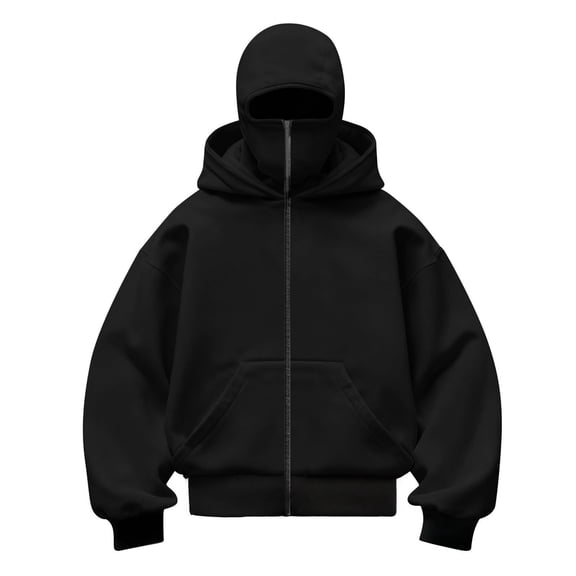 Kids Zip Hoodie with Face Mask Winter Warm Casual Hoodies Double Layer Hooded Y2K Sports Jacket Balaclava Hoodie for Boys and Girls Black