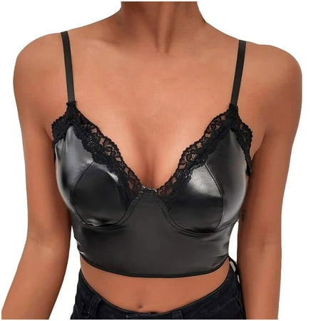 

YDKZYMD Women Bralette Wireless Leather Sheer Padded Bralette Longline Comfort V Neck Crop Top Bra