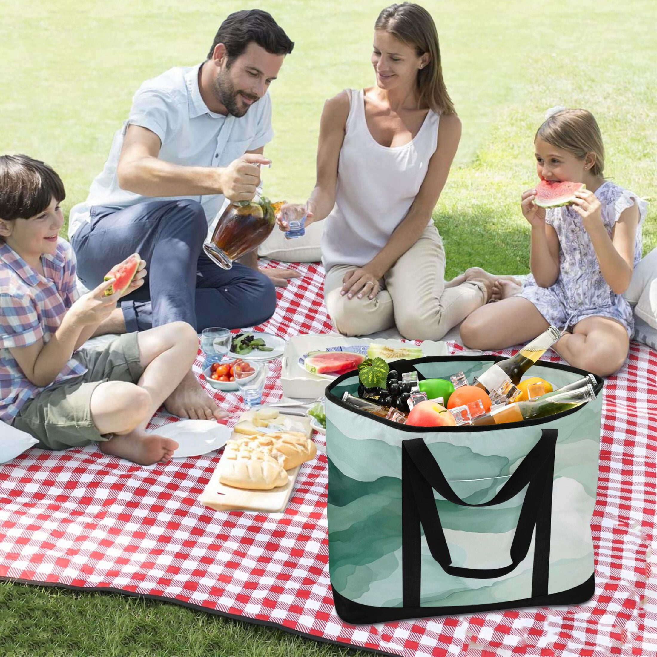 Large Hand-held Ice Pack Picnic Bag Insulation and Refrigeration Suitable for Shopping Picnics and Camping Light Green Pattern
