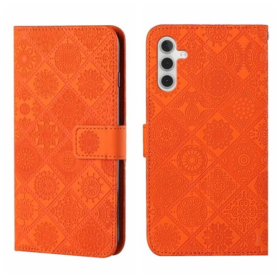 For Samsung Galaxy S25 5G 6.7" Ethnic Wind Embossed Strong Magnetic Attachment/Closure, Card Slots/Pocket, PU Leather Flip Wallet Case ,Orange,For Galaxy S25 5G