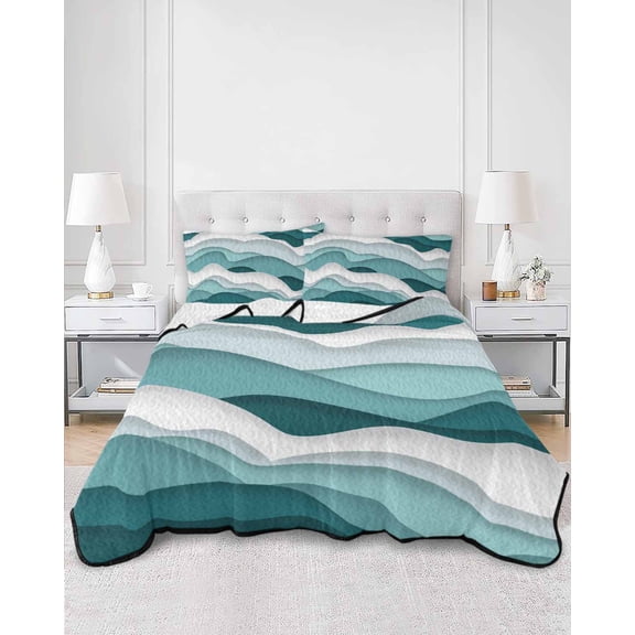 Quilts Twin XL Size, Turquoise Ombre Soft Comforter Bedding Set for Bed, Modern Geometric Moire Abstract Art Lightweight Quilted Bedspread with Pillow Cover(2 Pieces) for All Season, 68x98 Inch