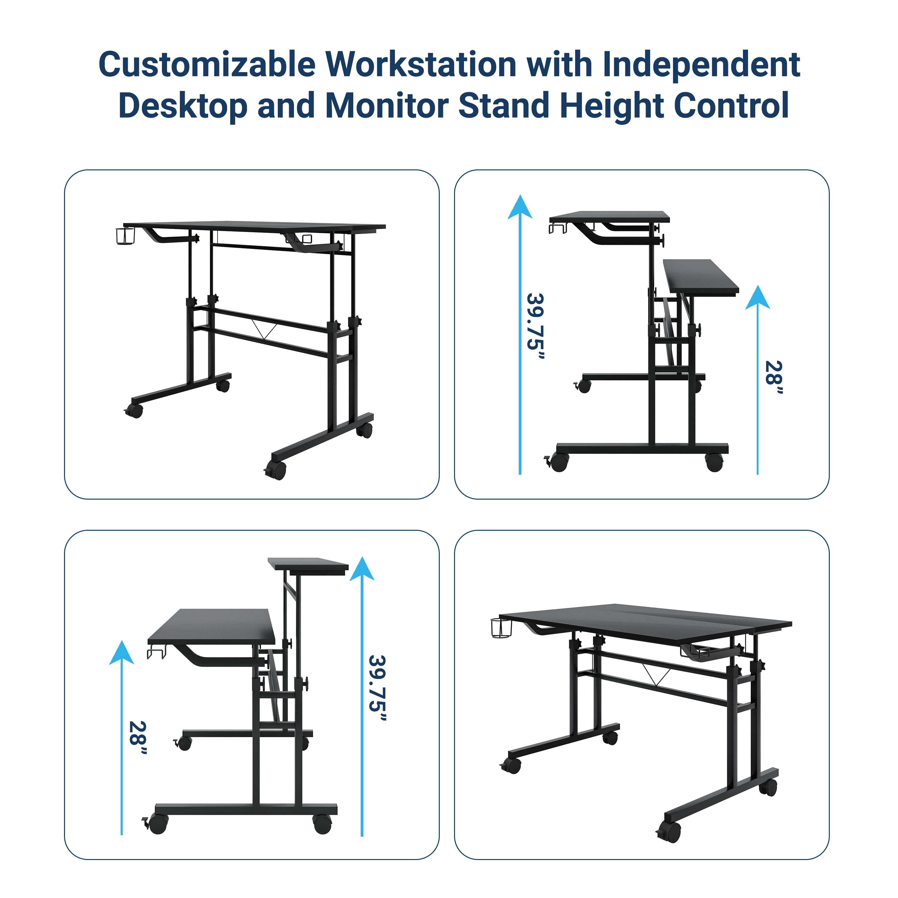Rolling Writing Desk with Height Adjustable Desktop and Moveable Shelf, Black