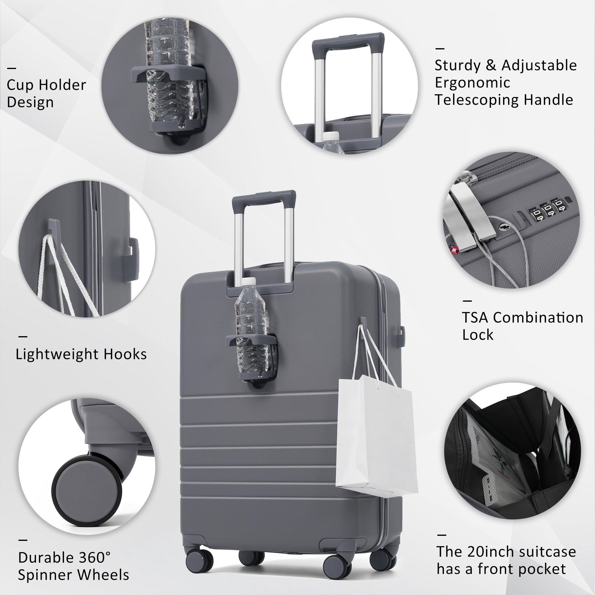 Euroco 2 Piece Luggage Sets Front-Opening, 20" Carry On Luggage with Cup Holder, USB Charging Ports,TSA Lock & Spinner Wheels,ABS Hardshell Lightweight Suitcase Set for Travel,Grey