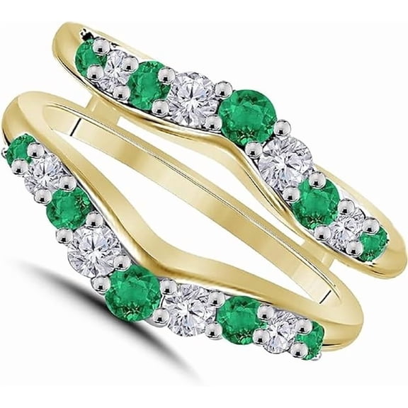 Gems Jewels 1.50 Ct Round Cut Green Emerald & Diamond Engagement Wedding Wrap Enhancer Guard Ring 14K Yellow Gold Plated 925 Sterling Silver For Women's -4.5