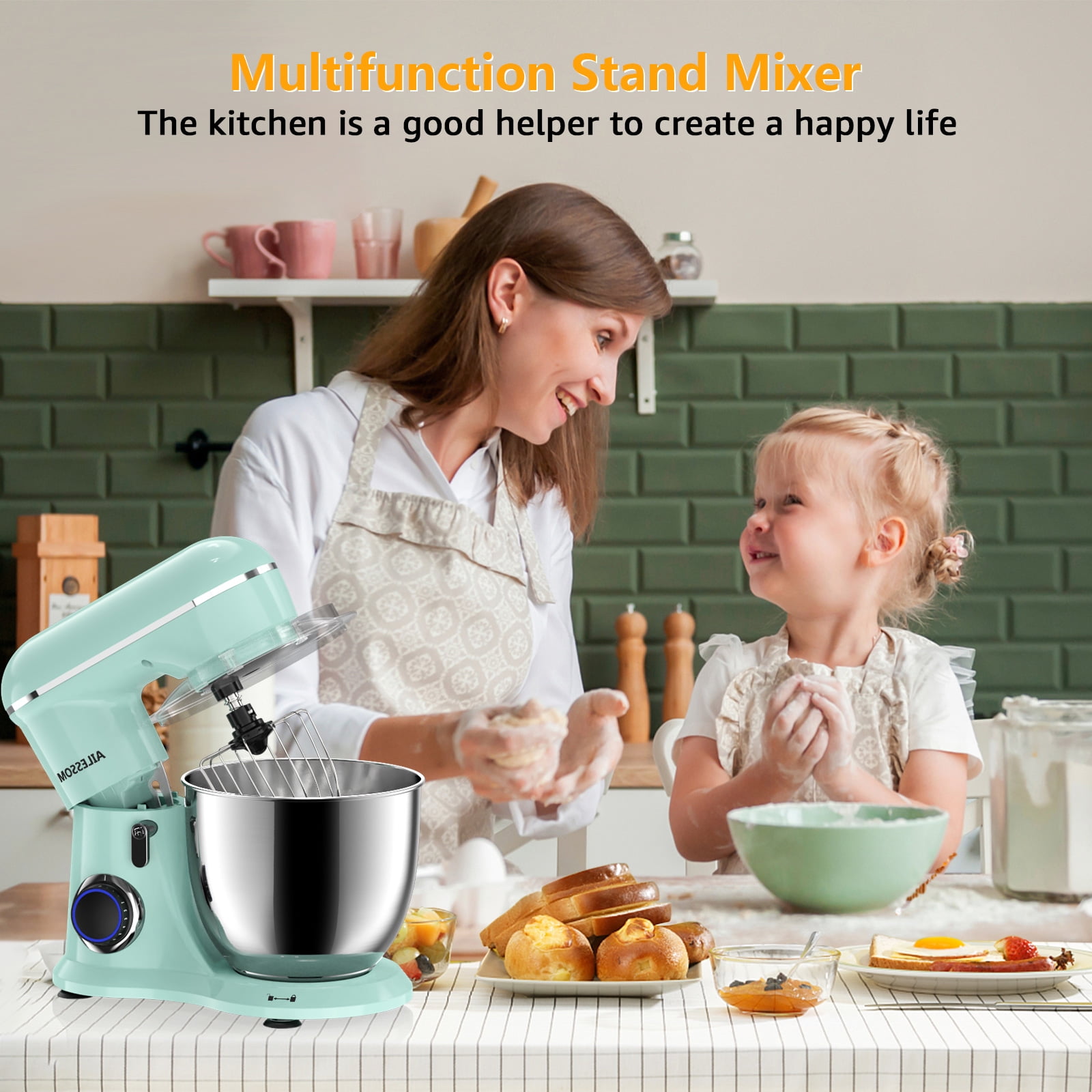 Ailessom New Stand Mixer,6.5-QT 10-Speed Tilt-Head Kitchen Electric Mixer with Bowl, Dough Hook, Beater, Whisk for Most Home Cooks,(Agave Green）