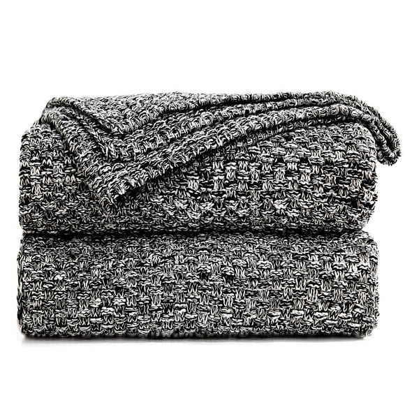 Longhui Literie Couverture Tricotée Noire pour Canapé, Douce, Confortable, Lavable en Machine, 100 % Coton, Poids 4.0lb, 60 x 80 Pouces, Couleur Noir Blanc