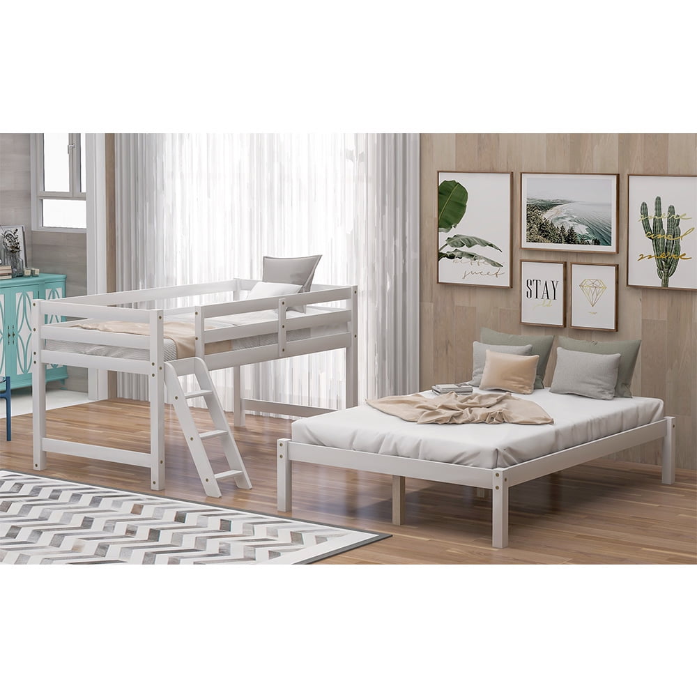 Kepooman Twin over Full Solid Wood Bunk Bed with Ladder for Bedroom Dorm, 79.5"L x 56.9"W x 59"H, White Kepooman Twin over Full Solid Wood Bunk Bed with Ladder for Bedroom Dorm, 79.5"L x 56.9"W x 59"H, White