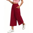 thumbnail image 4 of Womens Checkered High Waisted Wide Leg Pants Elastic Waist Pull On Palazzo Trousers Casual Boho Gaucho Pants with Pockets Wine, 4 of 6
