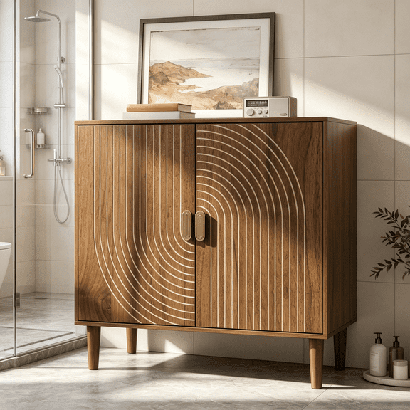 Smuxee Modern Wooden Bathroom Storage Cabinet with Carved Doors & Shelves, Freestanding Bathroom Storage Organizer,Walnut