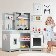 JOYLDIAS Kids Play Kitchen Corner Wooden Pretend Toddler Toys Playset Gift with Realistic Lights & Sounds, Microwave Oven, Water Dispenser, Phone, Sink, Cooking Accessories(Gray)