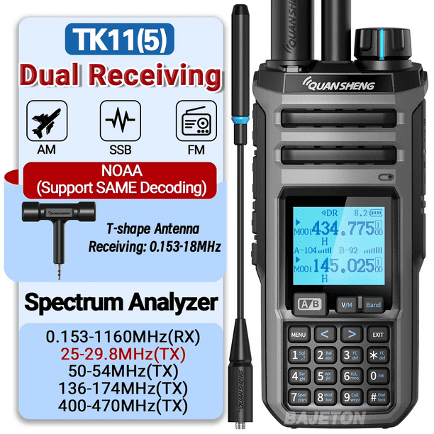Quansheng TK11(5) Radio Aficionado Portátil 10W | Analizador de Espectro Multibanda, 27 MHz CB, LW, MW, SW, USB, AM, FM, LSB, CW - HF, VHF, UHF, SSB
