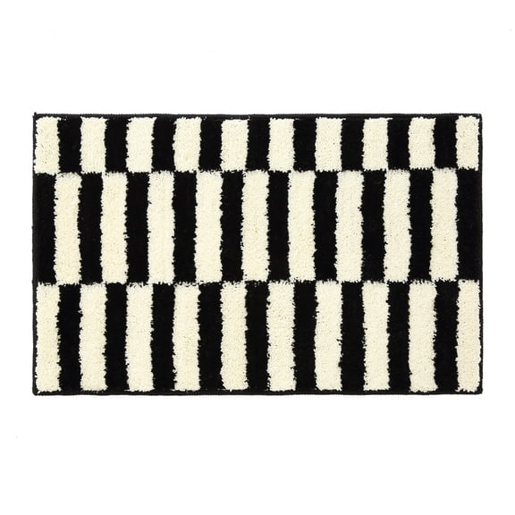 Soft Absorbent Microfiber Small Bathroom Rugs 16" x 24" Non-Slip Backing Fluffy Machine Washable Bath Mats Beige Black Striped Pattern Decor
