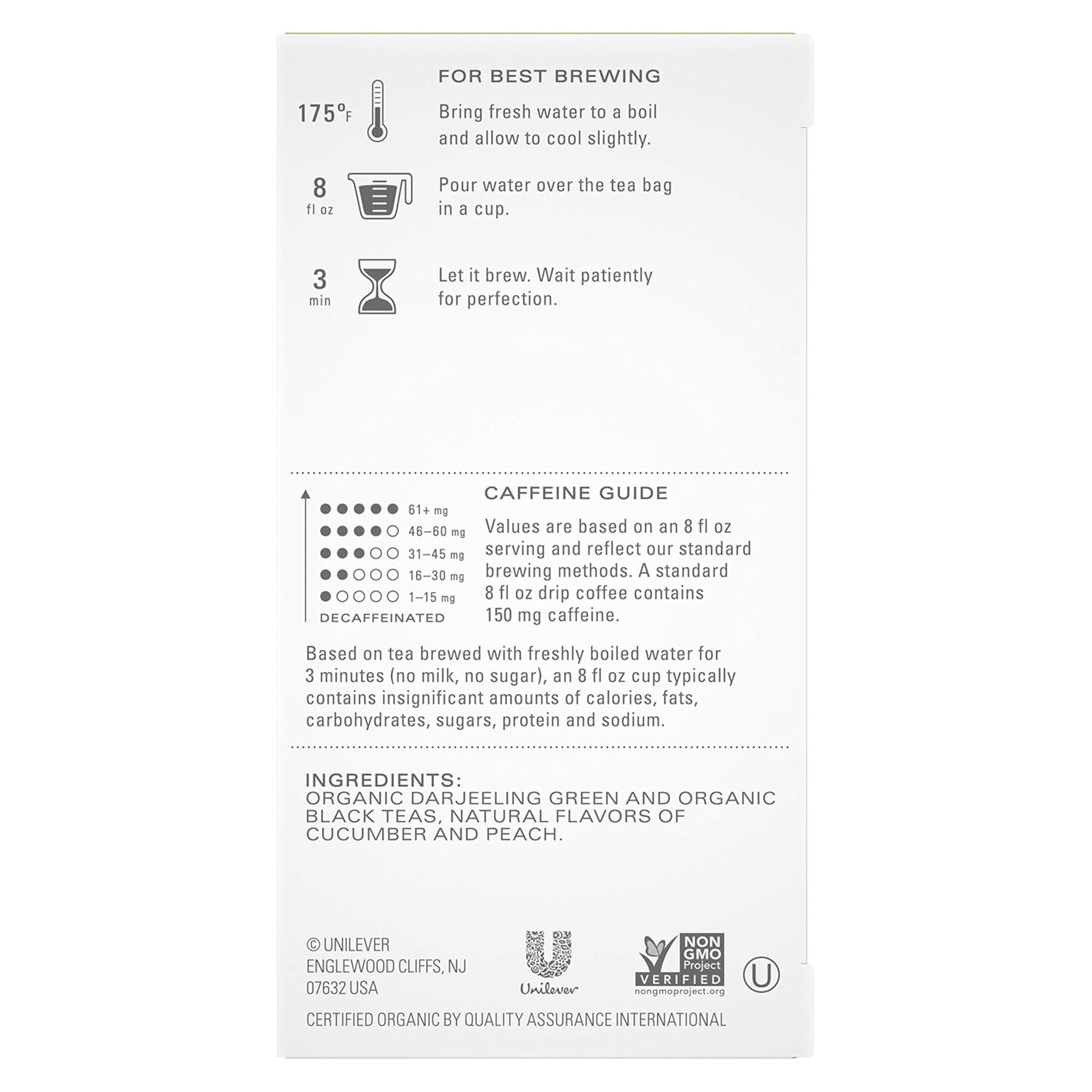 TAZO Peachy Green Tea Bags USDA Organic Half Caffeine 20 Count Pack of 6