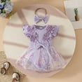 thumbnail image 2 of Rompers Girls Romper Dress Daily Fly Sleeve Flower Embroidery Mesh Tlle Skirt Hem Ribbed Baby Onesies Purple 12 Months-18 Months, 2 of 7