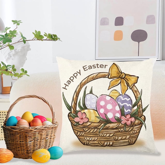 Decoraciones de Pascua, adornos de Pascua, regalos de Pascua, funda de almohada de Pascua de 45 x 45 cm, huevos de colores, arte primaveral, funda de almohada de lino texturizado para el hogar, sofá,