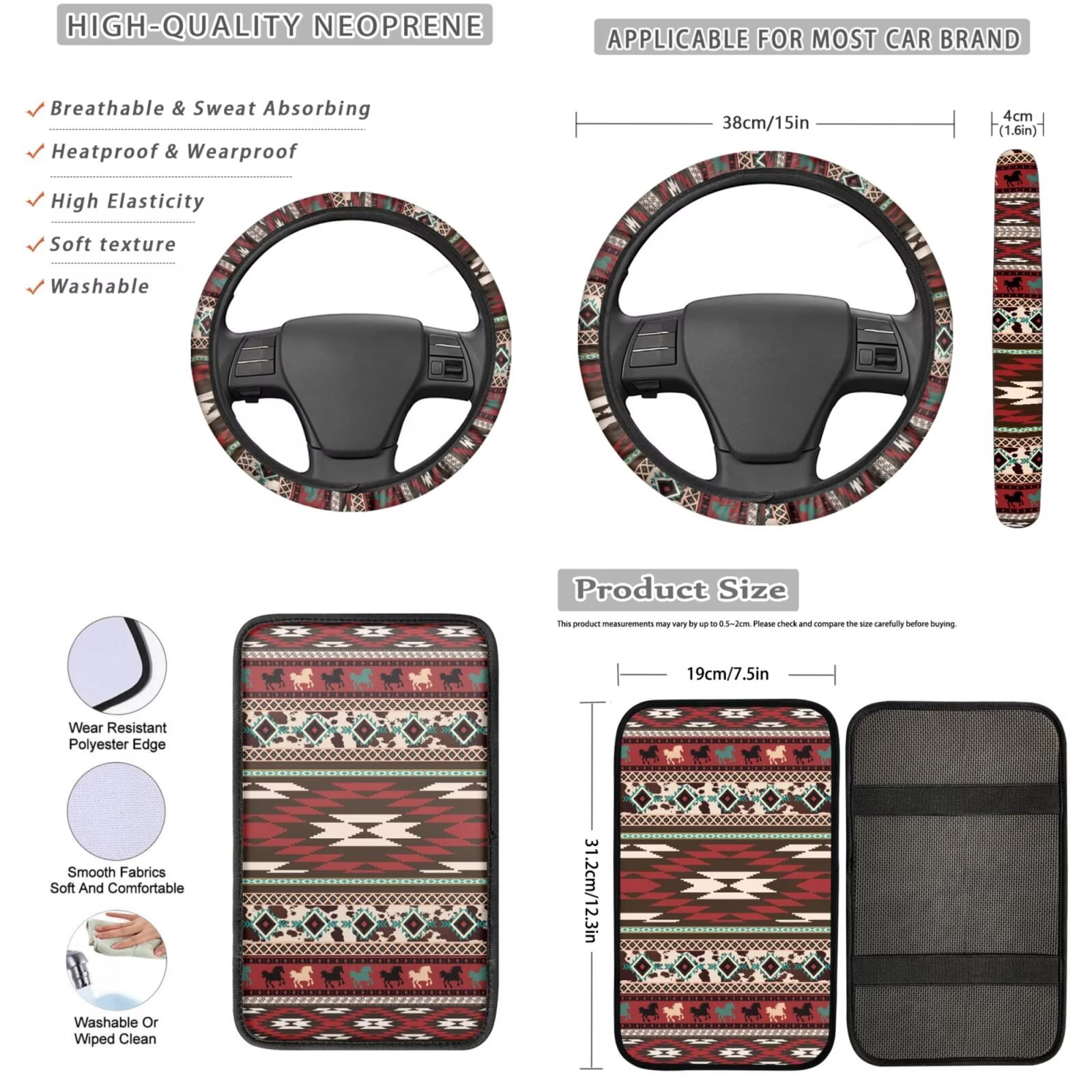 Garronmavis Aztec Car Front and Rear Seat Covers a Full Set of 13 Car Decorations Includes Keychain Lipstick Cover Steering Wheel Cover Seat Belt Cover Armrest Pad