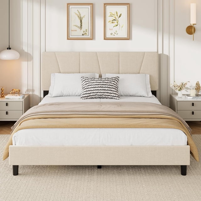 Queen Size Bed Frame with Adjustable Headboard, Platform Bed Frame with Linen Upholstered, Wooden Slats Support, Noise Free, No Box Spring Needed, Easy Assembly, Beige