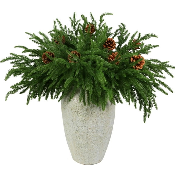 Bibana 12-Pack Artificial Norfolk Pine Greenery Stems with 8 Pine Cones, 18-inch Faux Christmas Branches for Indoor & Outdoor Decor