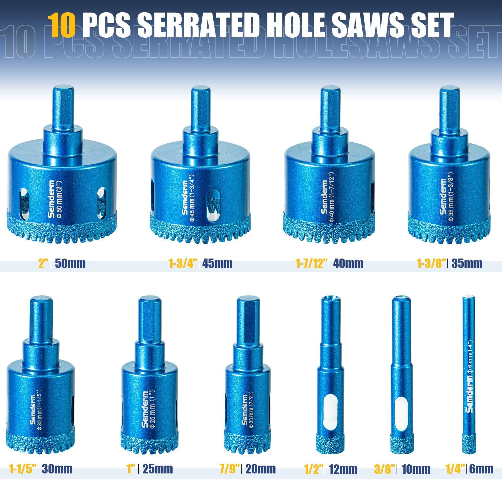 Diamond Hole Saw Kit Tile Hole Saw Kit 10 PCS Serrated Brazing Core Drill Bit Set with EVA Hole Saw Guide Jig Diamond Drill Bits for Porcelain Tile Glass Ceramic Stone Granite Marble