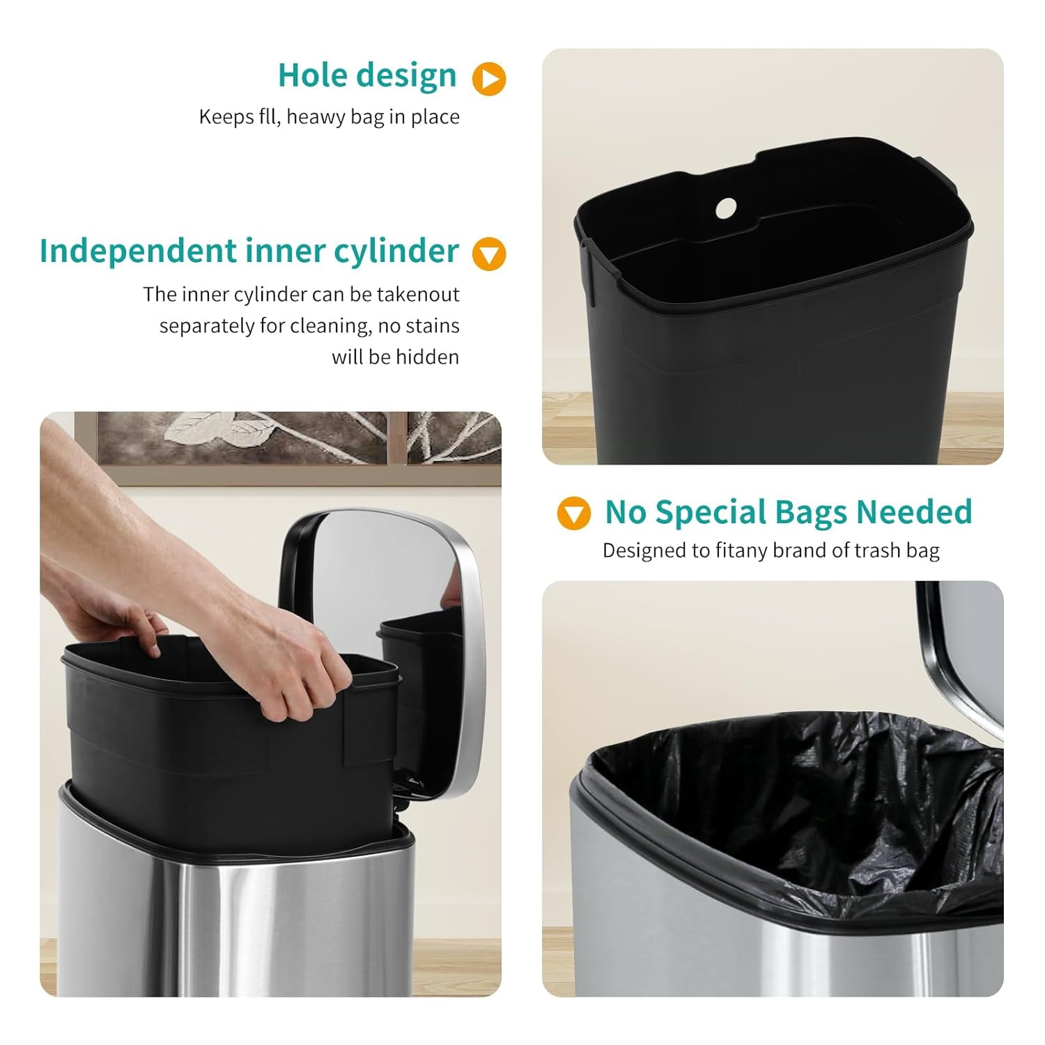 Dkelincs 13 Gallon Kitchen Trash Can with Lid Step Garbage Bin Stainless Steel Waste Bin for Home Office, Silver