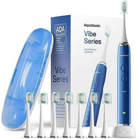 Aquasonic Vibe Series Ultra-Whitening Toothbrush â€“ ADA Accepted Power Toothbrush - 8 Brush Heads & Travel Case â€“ 40,000 VPM Motor & Wireless Charging - 4 Modes w Smart Timer â€“ Sap