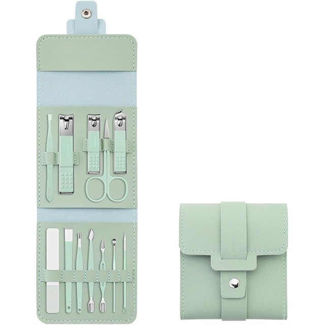 Juego de manicura y pedicura xinyu de 16/12 piezas cortaúñas de acero inoxidable con estuche de viaje verde B-12