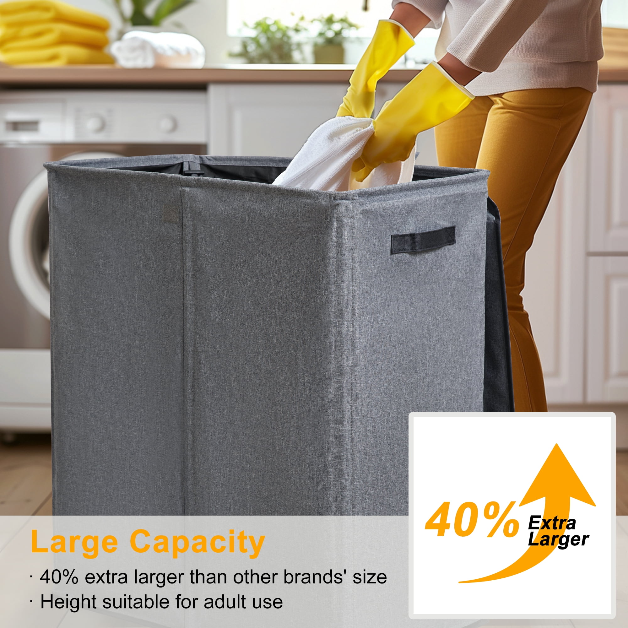 BGTREND Double Laundry Hamper with Lid 155L Laundry Basket with Removable Liner Bags & Side Mesh Pocket Collapsible Laundry Sorter Dirty Clothes Hamper (Dark Gray)