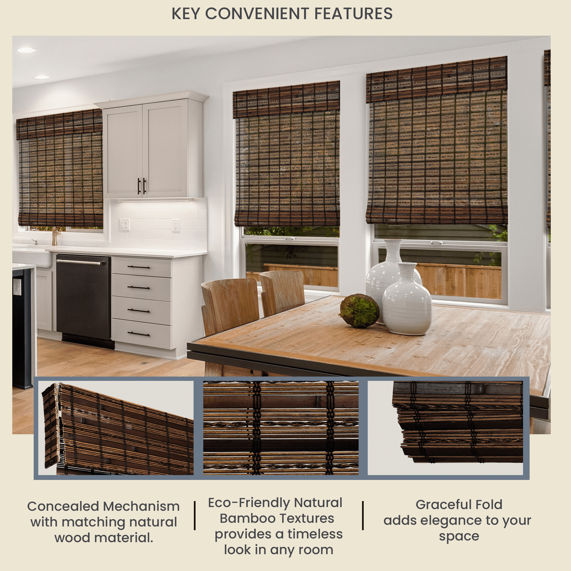 Natural Woven Light Filtering Cordless Bamboo Roman Shades for Windows, 52 in. W x 72 in. L, Jacobean