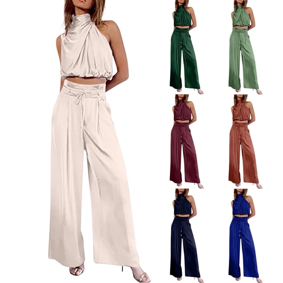 YHAJDS Women 2 Piece Lounge Set Summer Spaghetti Strap Tank Top Wide Leg Long Pants