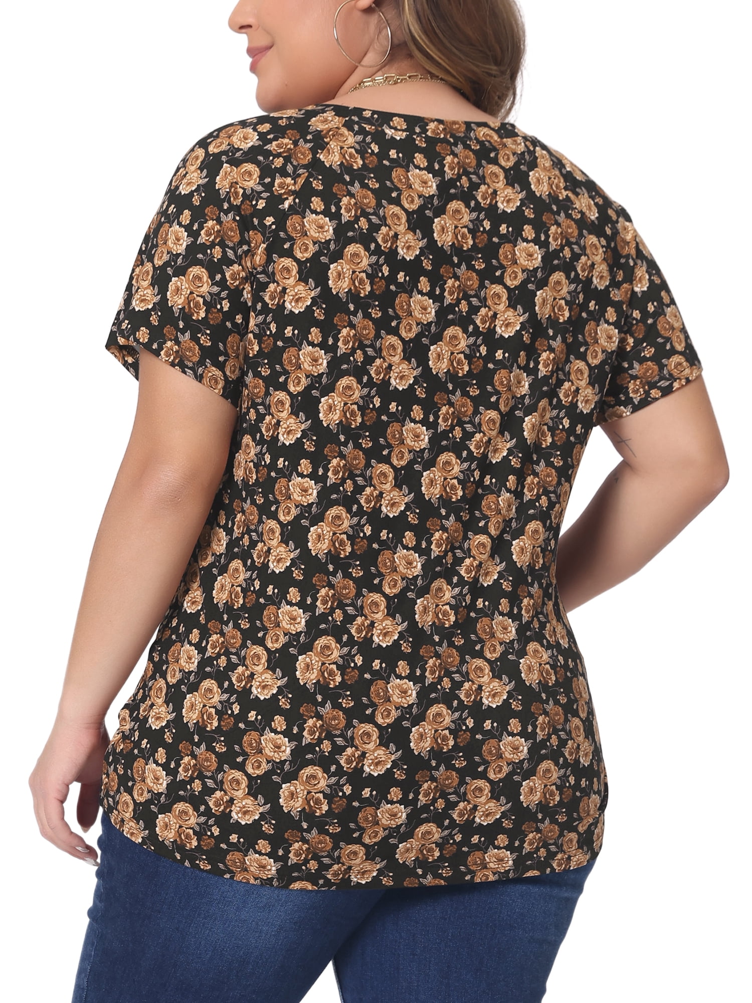Women's Plus Summer Casual Floral Top Blouse Round Neck Short Sleeve Tee 2X Brown