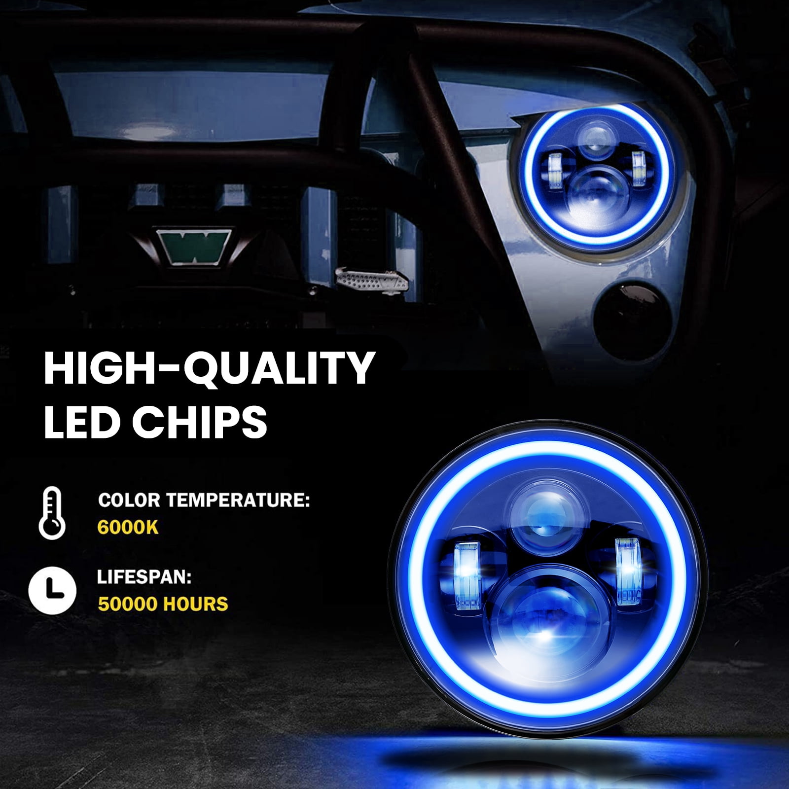 7 inch 80W LED Headlights & 4 inch 60W Fog Lights Combo w/Blue Halo Compatible with 2007-2018 Jeep Wrangler JK, DOT Approved