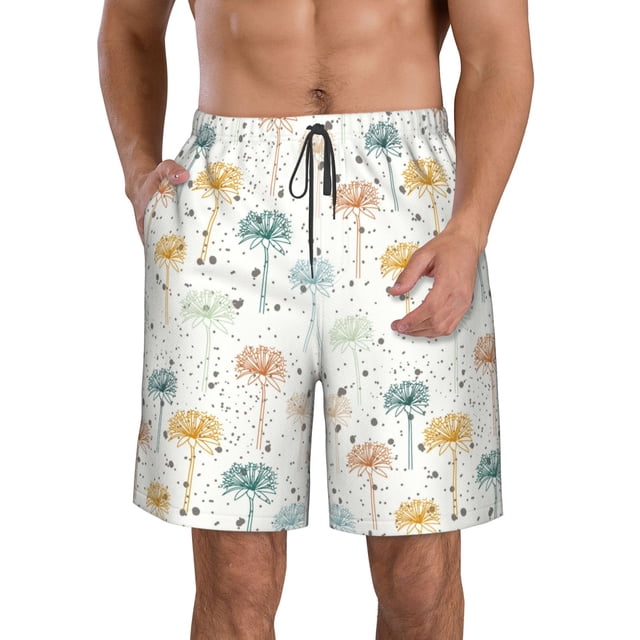 Sikiie Dandelion Print Men's Beach Shorts, High Elastic Quick-drying Shorts - with Drawstring and Slip Pockets, Suitable for Beach, Sports, Vacation-Large