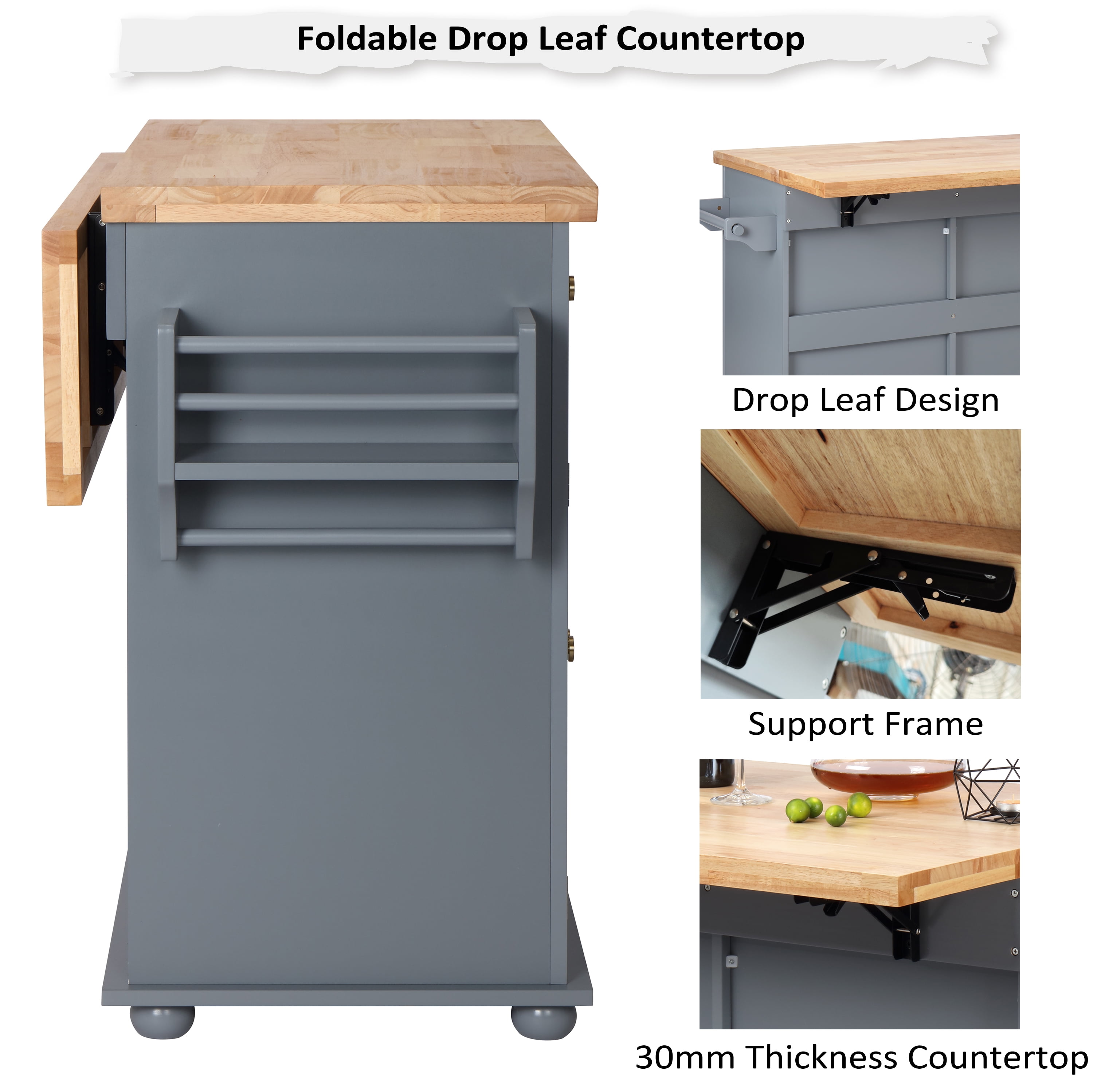 Finnhomy Rolling Kitchen Island with Drop Leaf, Thicken Rubberwood Top, 43.3-inch Portable Mobile Storage Cart