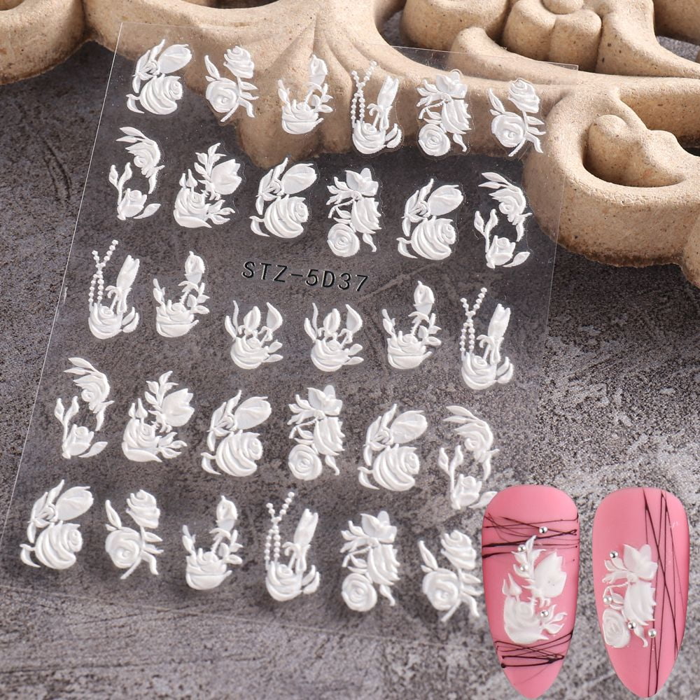 1 Sheet 5D Embossed Flowers Nail Stickers With Textured 3D Self