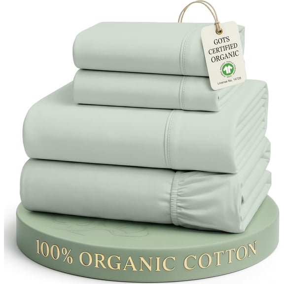 Queen Sheet Set 100% Organic Cotton Percale Cooling Soft 4-Piece Cool Blue