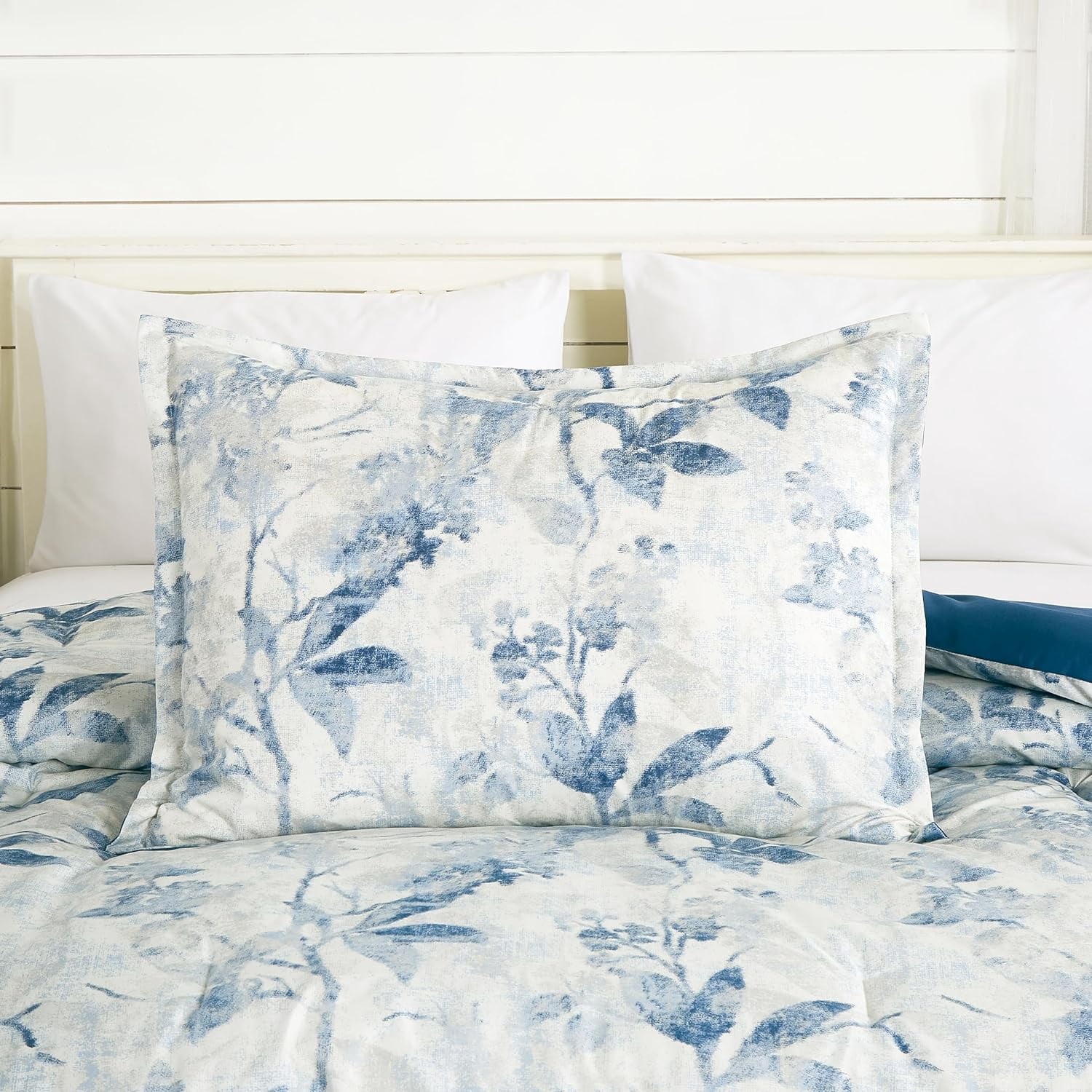 Chezmoi Collection Monica 3-Piece Boho Floral Comforter Set, Queen, Blue Gray White Tropical Flower Textured Printed Microfiber Lightweight Bedding Set