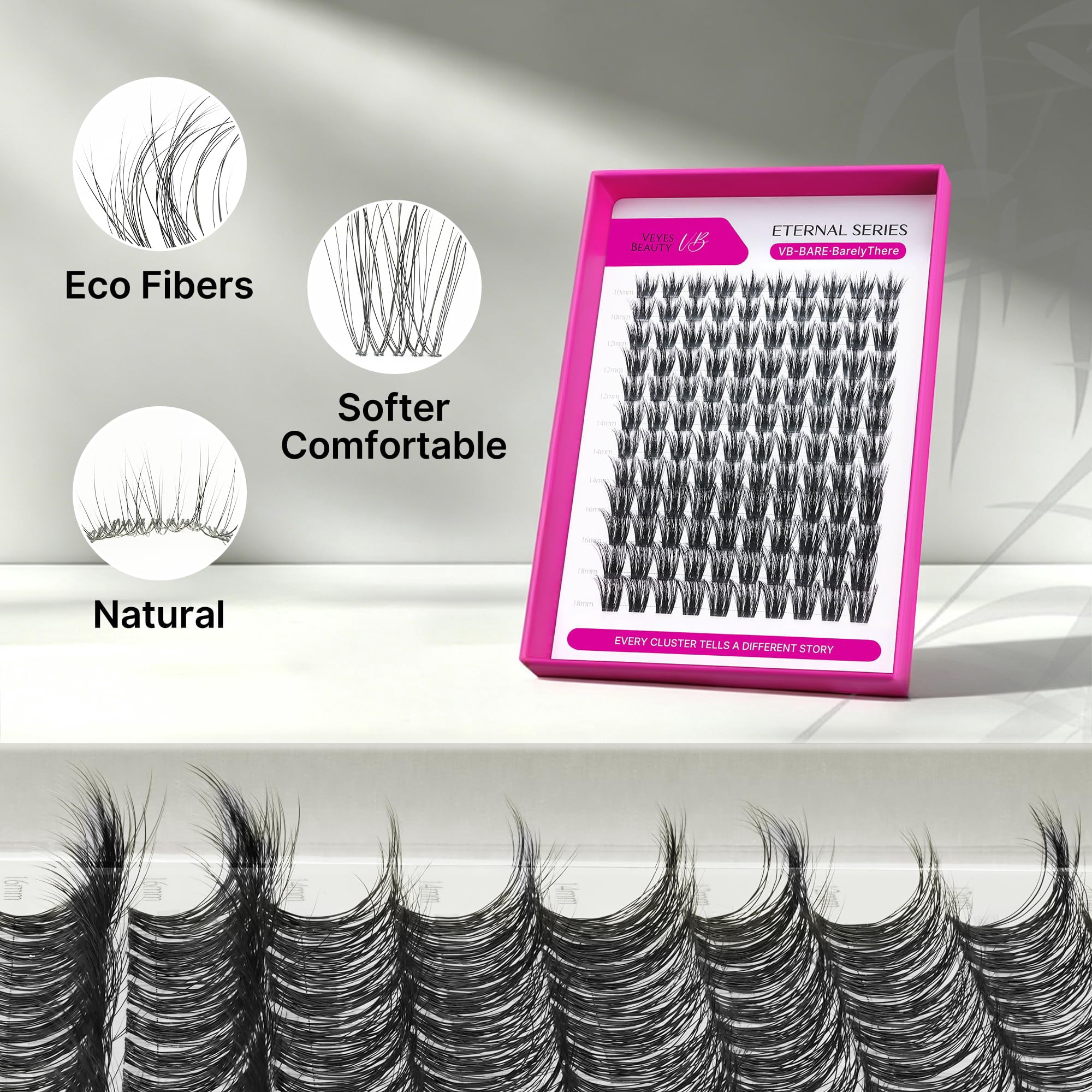 VEYESBEAUTY VB-Care N°10 Lash Clusters 132pcs – Ultra-Light Natural Individual Cluster Lashes with 0.05mm Invisible Band, Hygienic & Reusable Lash Tray