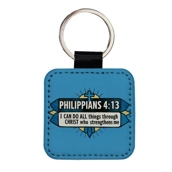 Philippians I Can Do All Things Through Christ Bible Verse Faux Leather Square Keychain