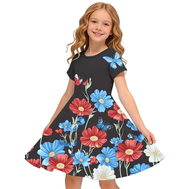 Odeerbi Niñas Día de La Independencia Vestido de Línea A Verano Patriótico Cuello Redondo Manga Corta Vestido Casual