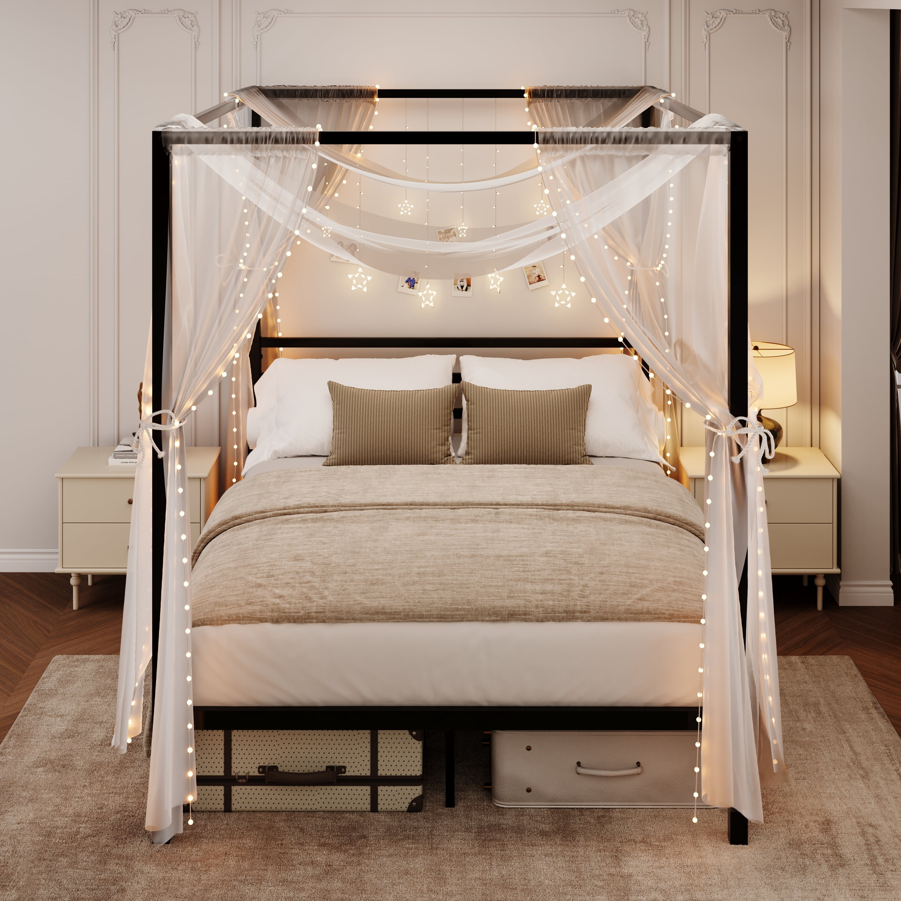 Amolife Queen Bed Frame, Canopy Bed with Metal Headboard, No Box Spring Needed, Black