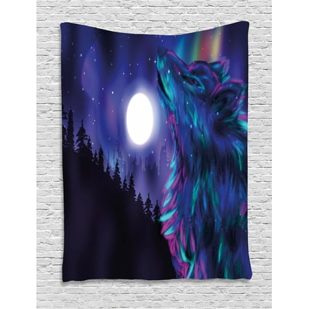 Living Room Wall Hangings Moon Tapestry, Northern Imagery with Aurora Borealis Wolf Spirit Magical Forest Starry Night, Wall Hanging for Bedroom Living Room Dorm Decor, Indigo Aqua Magenta, by Ambesonne ()
