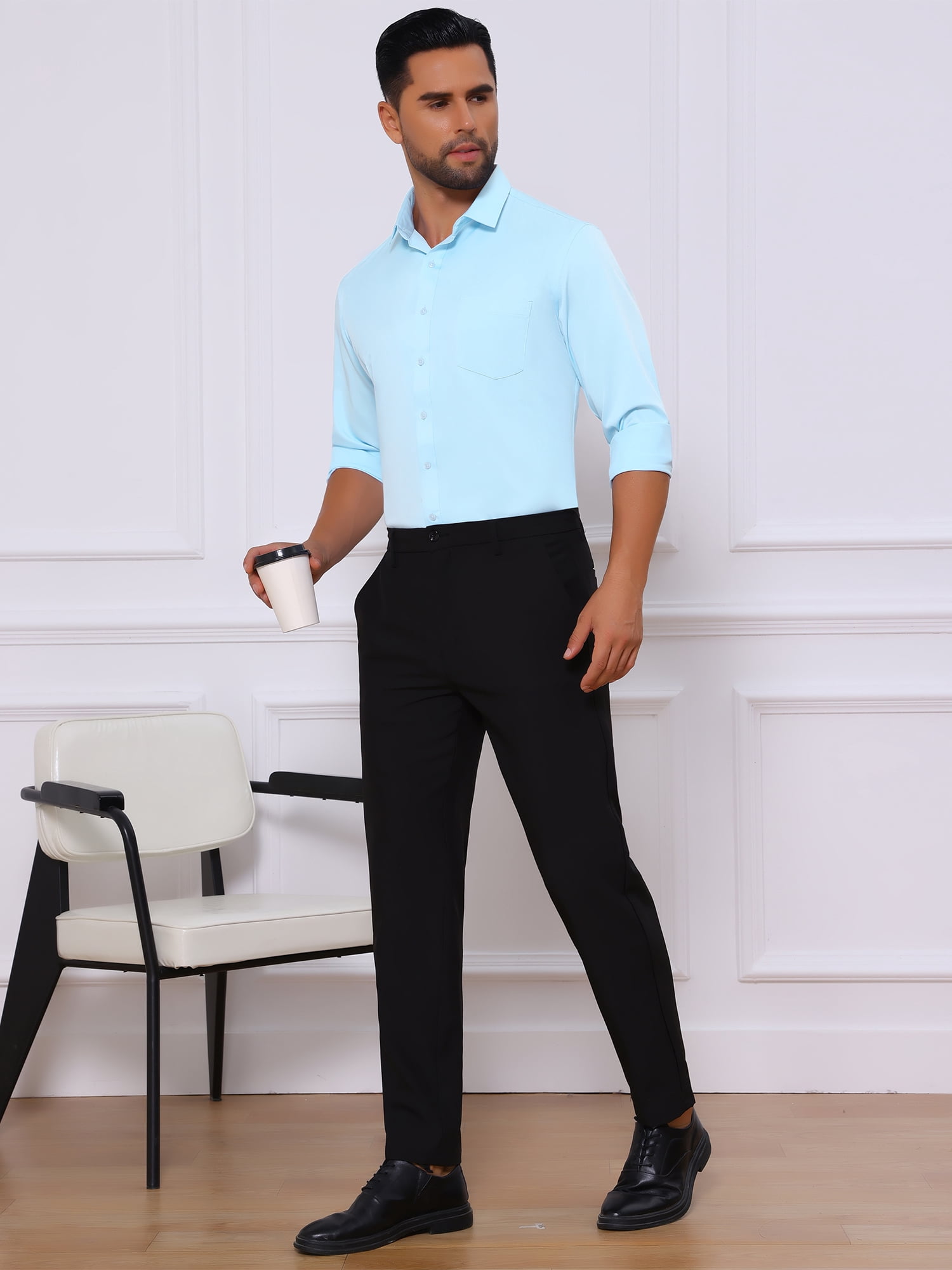 DARING DIVA Men's Point Collar Button Long Sleeve Business Shirts L Light Blue