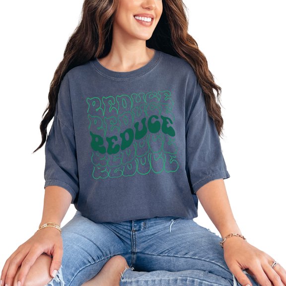 Reduce, Caring for the Environment Themed, Groovy Retro Wavy Text, Denim Comfort Colors T-Shirt, Small