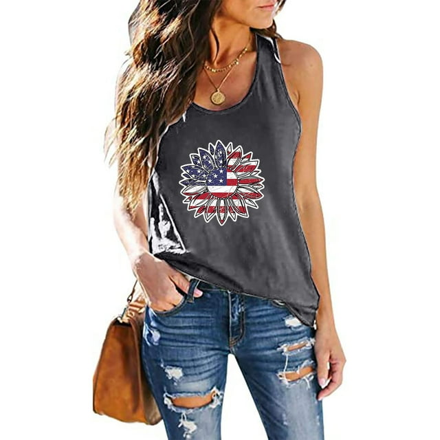 LSLJS Femmes Décontracté Imprimé Fête de l'Indépendance Chandail Sans Manches T-Shirt Hauts Blouse, Camisoles Débardeurs pour Femmes