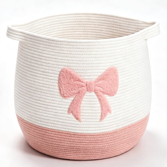 Natubeau Woven Storage Baskets for Organizing, 55L Large Pink Round Storage Bins with Handles, Cotton Rope Woven Belly Baskets, 17.7"x15.7"