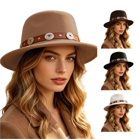 XIAOCHA Womens Metal‑Concho Fedora Hat Solid Wide‑Brim Hat Western Cowbaby Festival Hat,Khaki