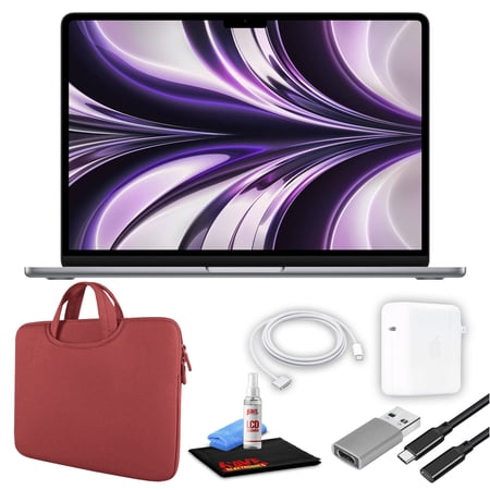Apple MacBook Air 13" Laptop (M2 Chip, 8-Core CPU, 8GB RAM) (Mid 2022, 512GB SSD, Space Gray) (MLXX3LL/A) Bundle with Red Zipper Sleeve, USB-C Extension Cable, and Screen Cleaning Kit (Refurbished)